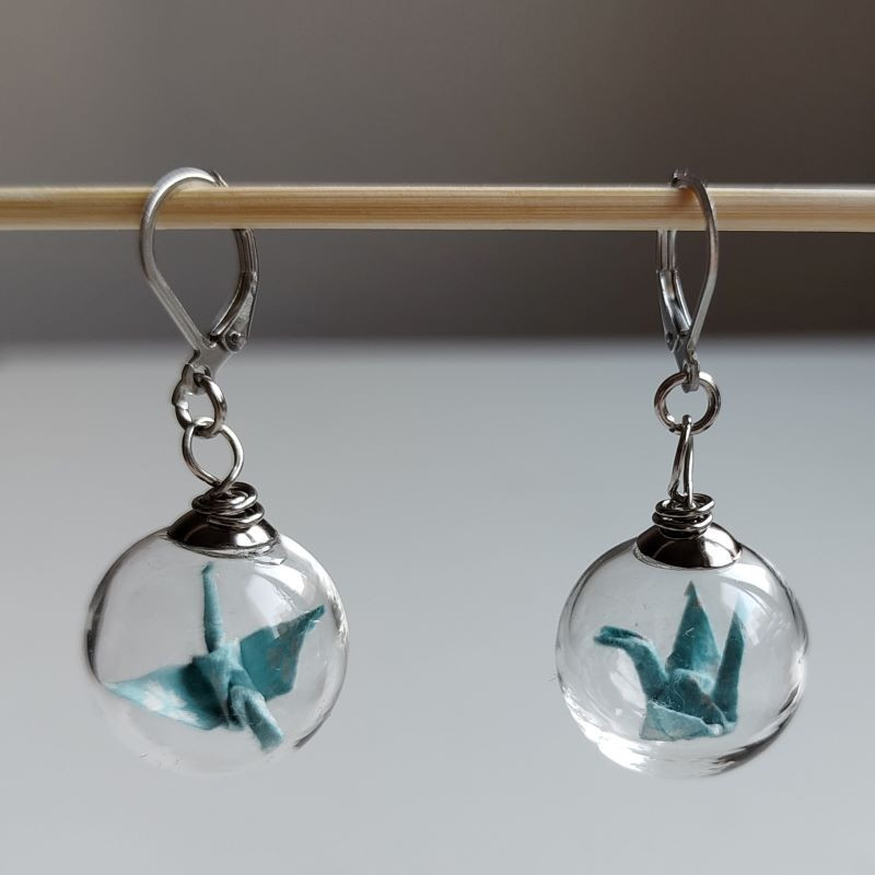 Earrings Crane in glassball -waterblue