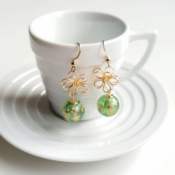 Cherry and metal flower earrings-green