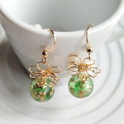 Cherry and metal flower earrings-green