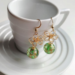 Cherry and metal flower earrings-green