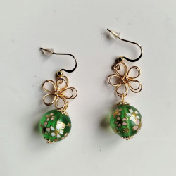 Cherry and metal flower earrings-green