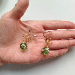 Cherry and metal flower earrings-green