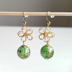 Cherry and metal flower earrings-green