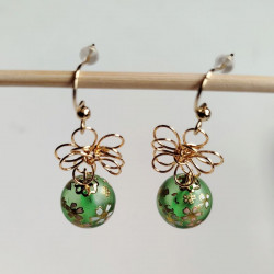 Cherry and metal flower earrings-green