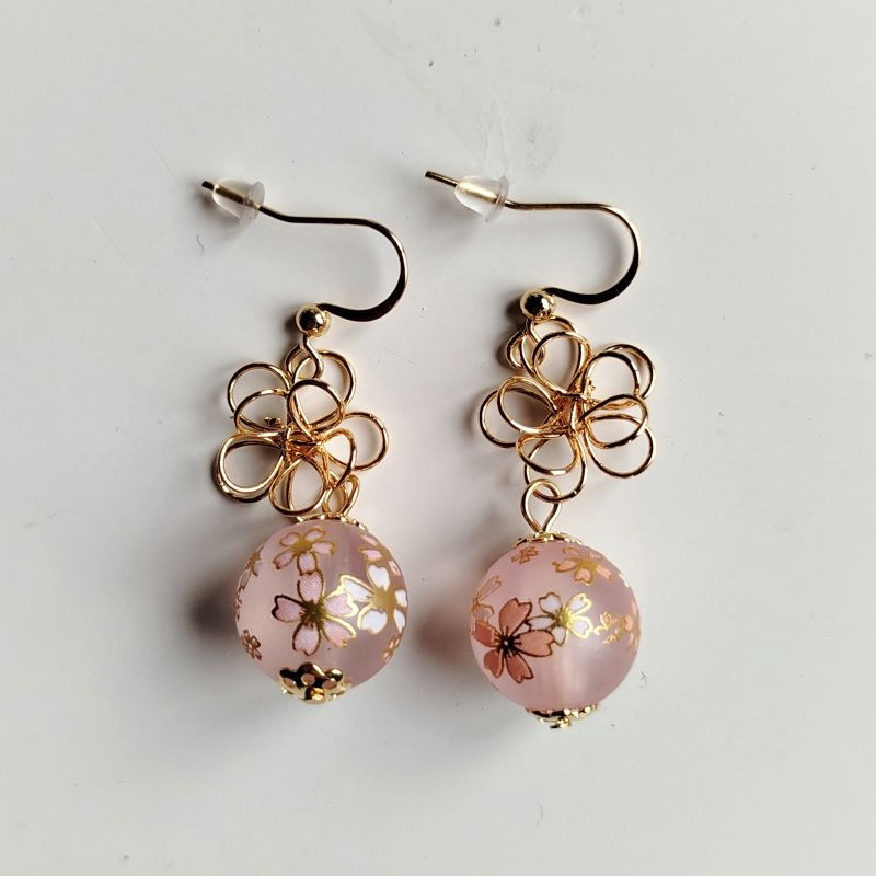 Cherry and metal flower earrings- pink