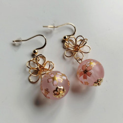 Cherry and metal flower earrings- pink