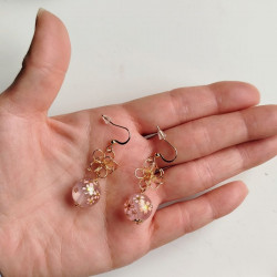 Cherry and metal flower earrings- pink