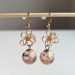 Cherry and metal flower earrings- pink