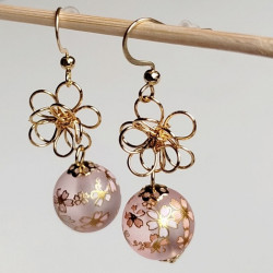 Cherry and metal flower earrings- pink