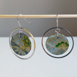 Ring circle earrings with washi paper -lightblue