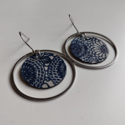 Ring circle earrings with washi paper -chrysanthenum